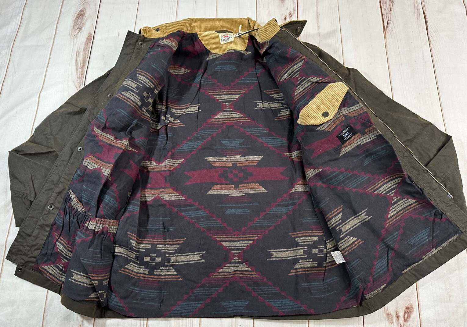 NWT FAHERTY MENS JACKET M AZTEC BLANKET LINED WAXED 4PKT JKT COE CONTRY OLIVE