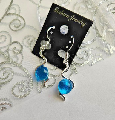 Handcrafted Wiggle Turquoise Fused Dichroic Glass Earrings/Sterling Silver EW