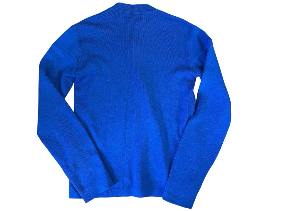 Suéter elástico tejido ajustado azul 100 % lana vintage Obermeyer para mujer talla pequeña Foto 2 de 4