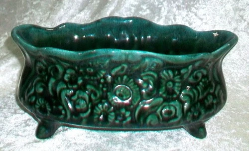 Vintage Hull Oval Sculpted Floral Green Blue Drip Art Pottery Planter B34 USA