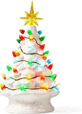 JOIEDOMI 12” White Christmas Ceramic Tree, Light up Tabletop Xmas Tree with 49