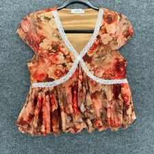 Womens Top Size M Mesh Floral V-Neck Babydoll Fairy Cottage Coquette Romantic