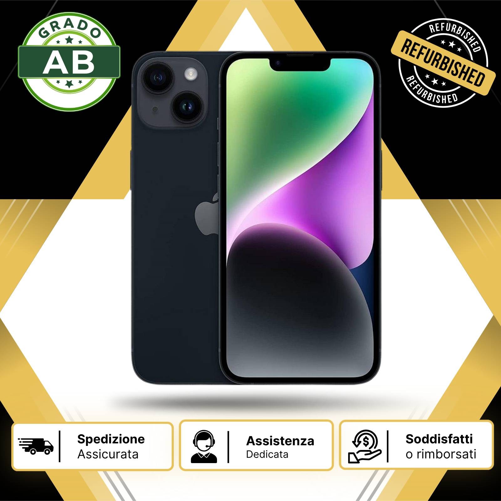 APPLE IPHONE 14 RICONDIZIONATO GRADO AB 128GB NERO GAR. 12 MESI + CAVO E BASE