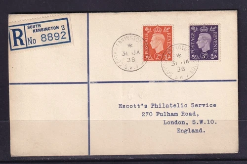 GB 1938 KGVI REGISTERED FDC ORIGINAL COLOUR DEFINITIVES 2D, 3D SG 465,467 #C2291