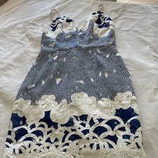 Blue White Striped Floral Lace Sleeveless V-Neck Straps Short Sheath Dress Women