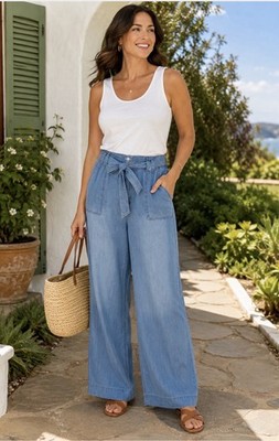 Cato EST 1946 Denim Wide Leg Pants Size 14 High Rise Chambray Tie Waist NWT