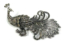 Vintage Sterling Silver Marcasite Peacock Bird Brooch Pin missing stones as show