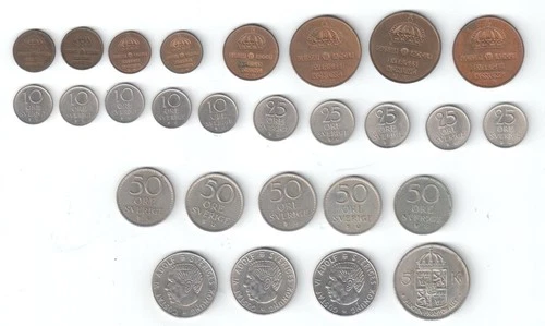 Sweden/Sveriges 27 coins from 1 Ore to 5 crowns, 1954 to 1973