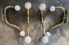 Solid Brass Twist Two Hook Porcelain Knob Wall Mount Coat Hook Vtg 7" SET OF 4