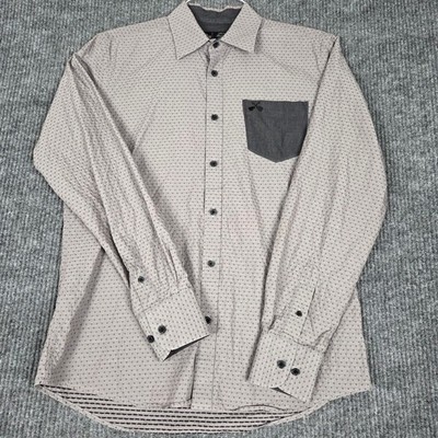 Hard Rock Black Label Mens Medium Grey Micro Print Cotton Button Down Shirt