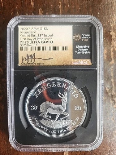 South Africa 2020 1oz Silver Krugerrand PF70UCAM NGC First 337 Tsehlo Signed