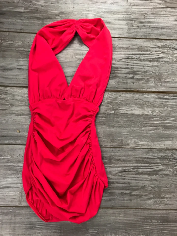 Traje de baño halter pareo acanalado rojo cereza vintage Omo Norma Kamali talla S Foto 3 de 4