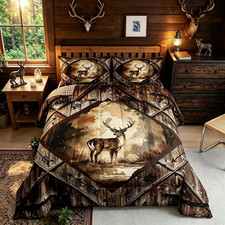 Watercolor Deer Comforter Set Retro Barn Door Wooden Stripes Bedding Set for Kid