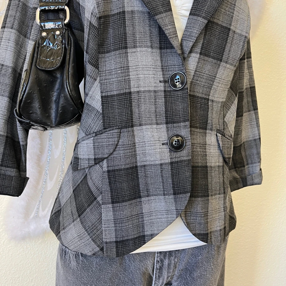 2000s Emo Grunge Gray Plaid Blazer Jacket Grey Black L Cropped 3/4 Sleeve - Image 3 of 4