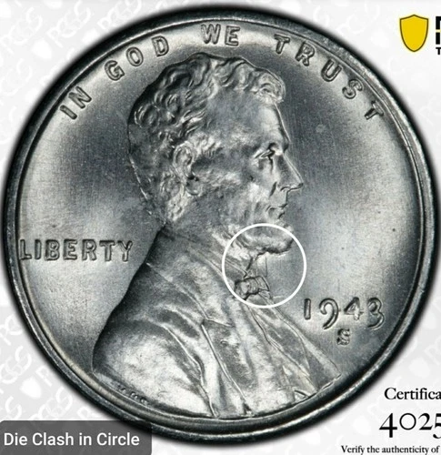 1943-S LINCOLN STEEL WHEAT CENT 1C PCGS MS65 "DIE CLASH"