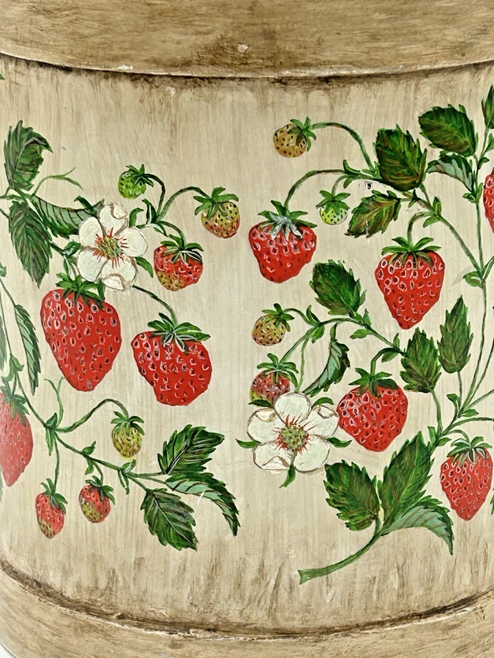 Vintage Metal Fresh Cream Milk Can Hand Painted Signed 14” Strawberries - Image 2 of 4
