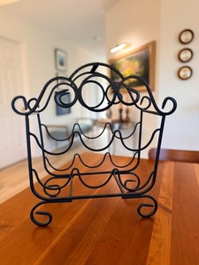 Vintage Wrought Iron Wine Rack Decorative Scrollwork Six Bottle Countertop Rack