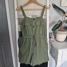 A Hint Of Blush - Chic Olive Green Button-Up Romper with Drawstring Waist Sz M