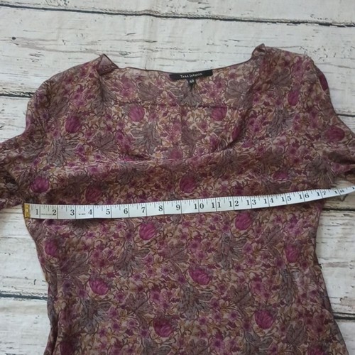 Tara Jarmon Purple Green Floral Print Sheer Silk Long Sleeve Blouse 40 - Picture 3 of 8