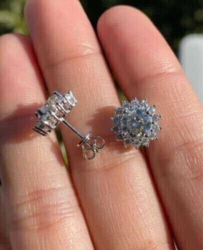 2.00Ct Lab Created Diamond Push Back Flower Stud Earrings 14K White Gold Plated - Bild 2 von 3