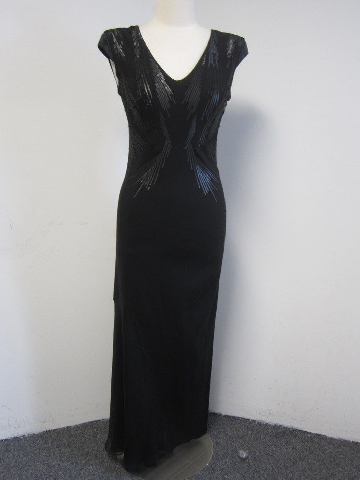 helmut lang sequin dress HELMUT LANG Black wool blend Sequin pattern v neck sleeveless maxi Gown Sz 8