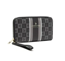 London Fog Gianna Signature Wallet Black And Gray Checkered Zip Around New