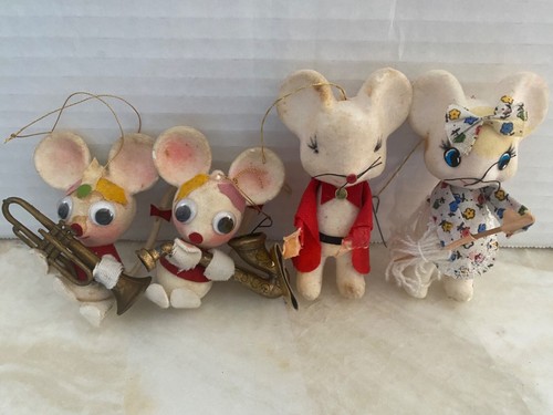 Vintage Lot 4 Mice Mouse Flocked Felt Christmas Ornaments Googly Eyes Musical