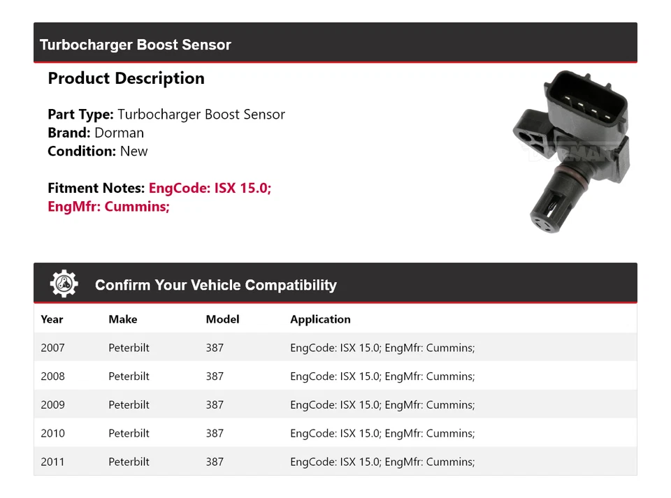 Sensor de refuerzo turbocompresor Peterbilt 387 Dorman 2007-2011 2008 2009 2010 Foto 2 de 4
