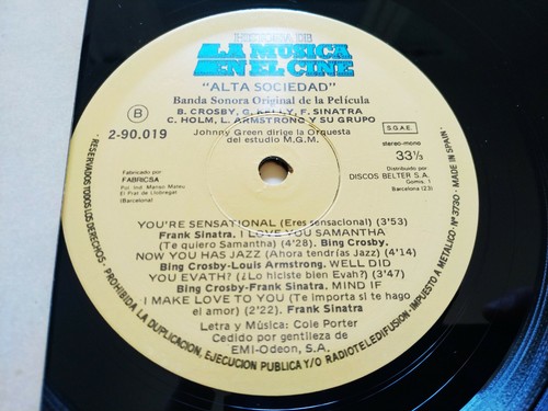 High Society Sinatra Grace Kelly Soundtrack - LP Vinilo 12" VG/VG - Picture 3 of 4