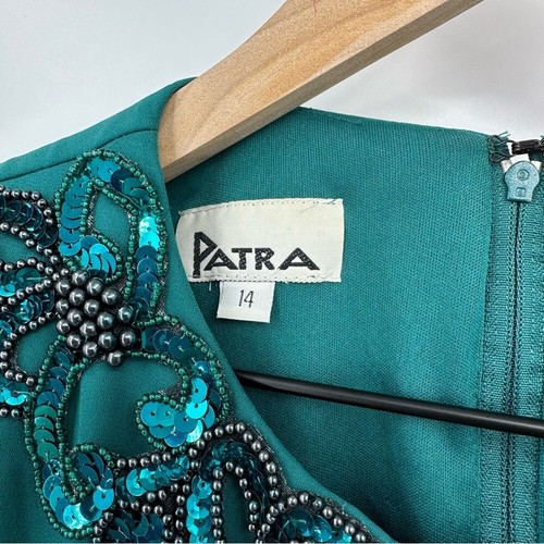 Patra Cocktail Dress Green Sequins Tiered Long Sleeve Asymmetrical Size 14 - Picture 4 of 12