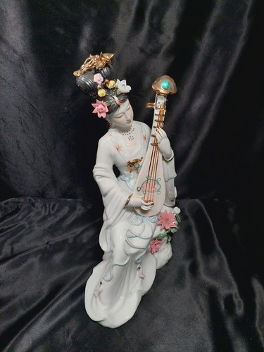 VTG Lotus Bisque Glazed Porcelain Geisha Girl Playing a Pipa Gold Incense Holder - Picture 15 of 15