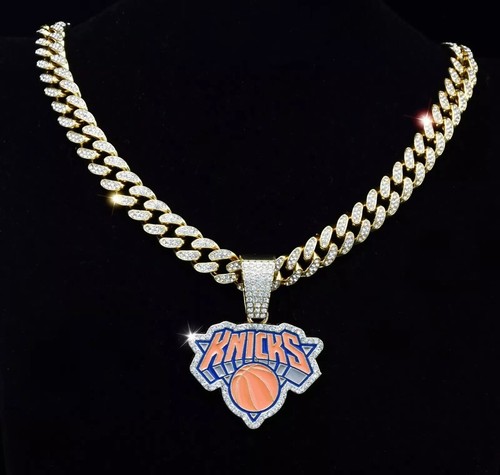New York Knicks Edelstein Halskette Gold/Silber Glitzer Hip Hop Anhänger & 24" Kette - Bild 2 von 8