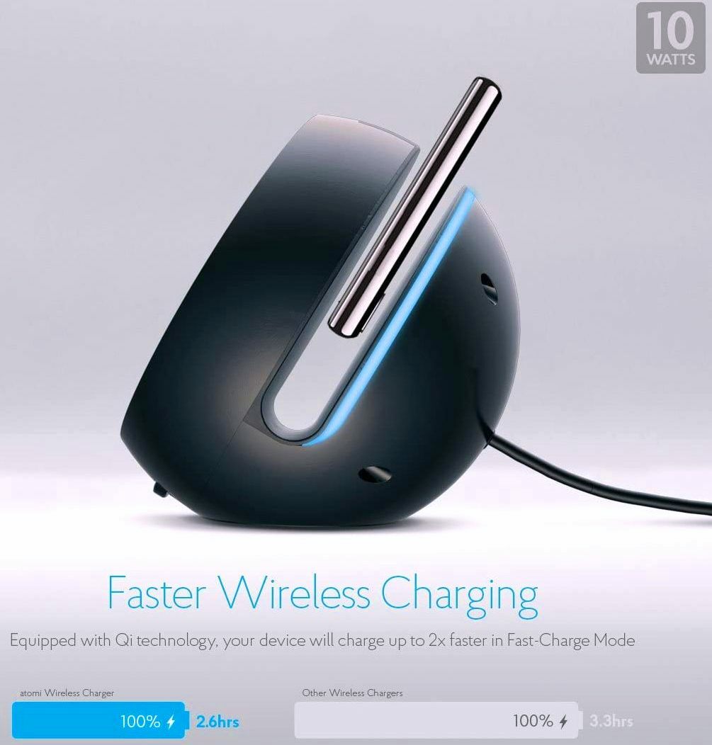 Atomi Qi Wireless Alarm Clock 10W Wireless Charger AT1227, Black-image