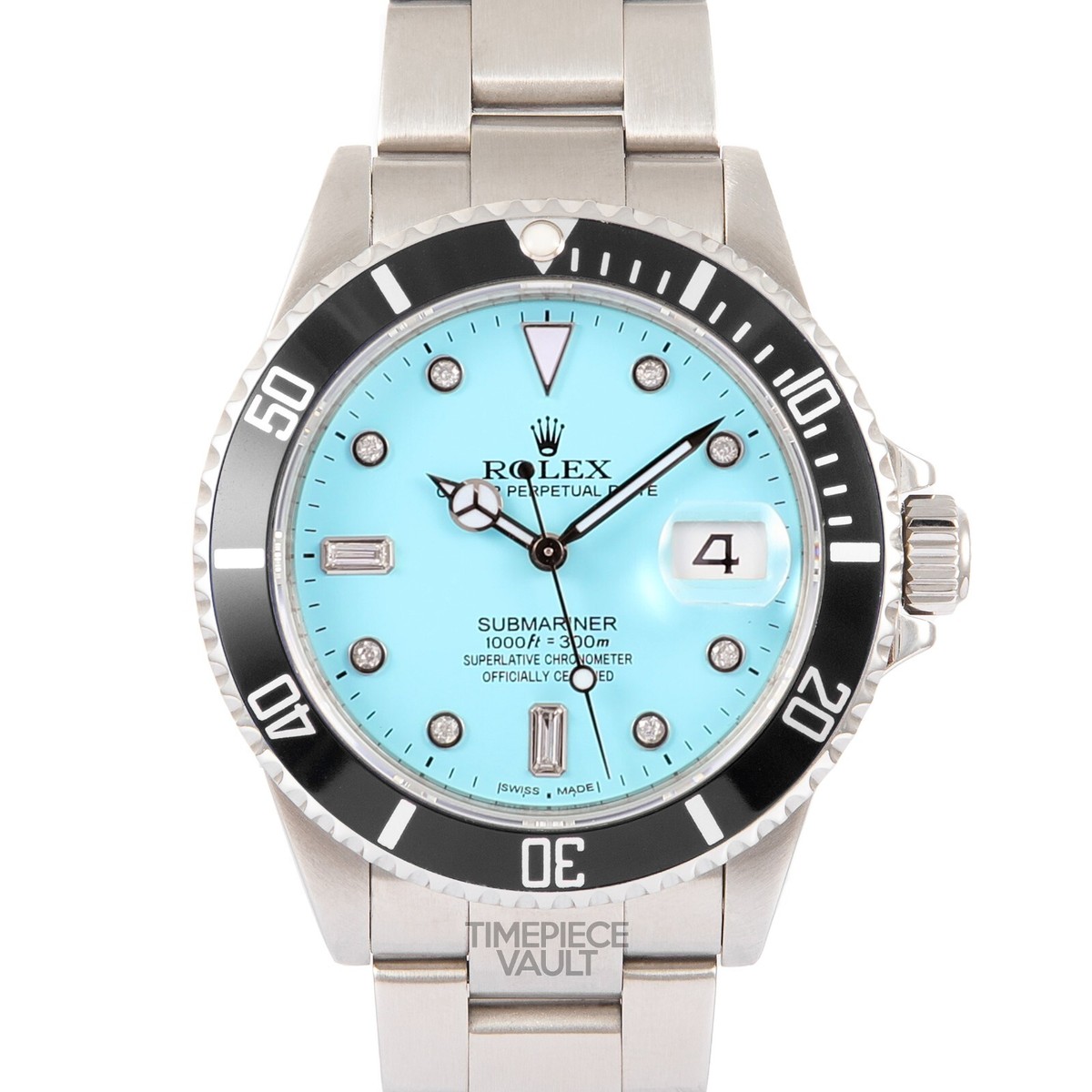 ROLEX SUBMARINER 16610 DATE STEEL 40MM WATCH TURQUOISE DIAMOND