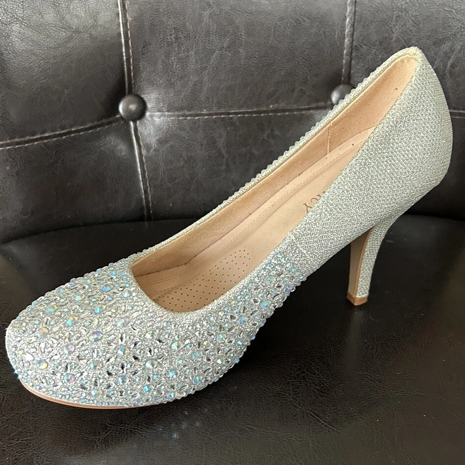 Zapatos de tacón de imitación delicados plateados brillantes lentejuelas metálicas talla 8 discoteca 112 Foto 2 de 3