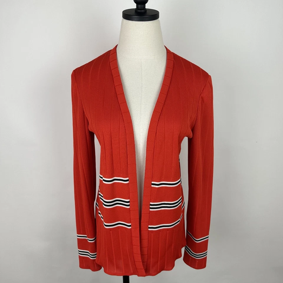 Vintage 70s Cardigan Womens Small Bright Orange Striped Ribbed Polyester Knit - Image 2 of 4