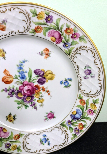 Antique 1918-29 Dresden SCHUMANN Bavaria Porcelain Dinner Plate, 3 Flowers,Ø9.8" - Picture 4 of 9