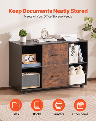 VEVOR 2 Drawer Wooden File Cabinet Mobile Filing Cabinet with Open Shelves Black - Picture 2 of 12
