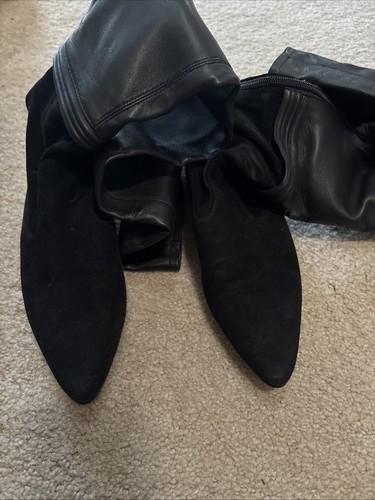 CHANEL BLACK LEATHER SUEDE OVER THE KNEE THIGH HIGH POINTY TOE FLATS BOOTS 38 C - Picture 3 of 11
