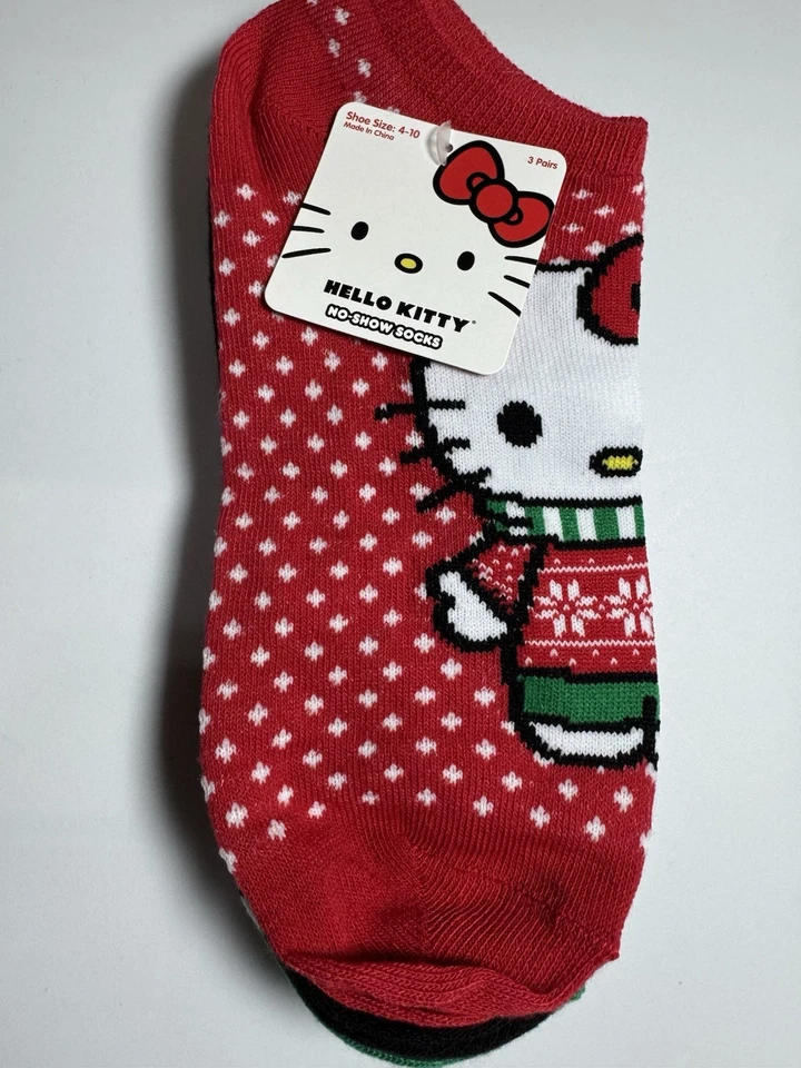 Hello Kitty by Sanrio Navidad 3 paquete No Show Calcetines al Tobillo Mujer Zapato Talla 4-10 Foto 2 de 4