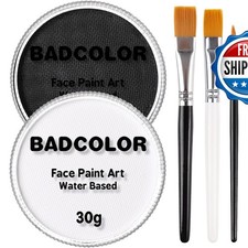 BADCOLOR Black  Clown White Face Body Paint Water-Based 3 Brushes Halloween