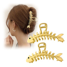 2PCS Large Metal Hair Claw Clips, Fish Bone Shape, Non-slip Hollow Hair Jaw C...