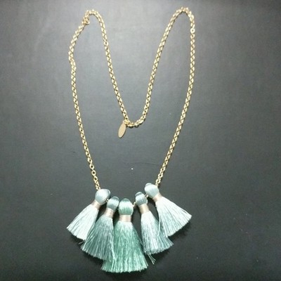 Miss Ivy Pearl Gold Tone Aqua Silk Tassel Statement Necklace