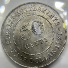 1921 Malaya Fifty 50 Cent Coin - good Very Fine - Silver Straits Settlements KGV