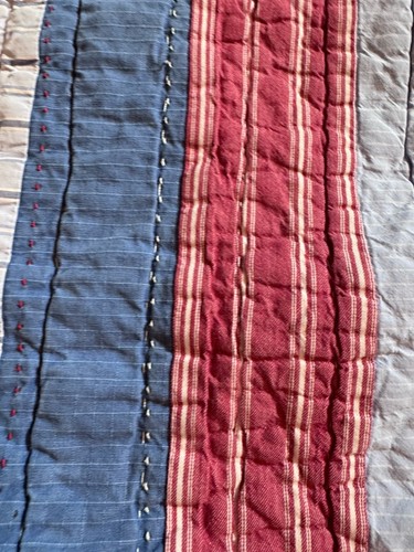 Pottery Barn Kids Twin Madras Patchwork Quilt Reversible Red Blue Striped USA - Picture 15 of 24
