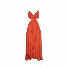 ZIMMERMANN Coral Orange Linen Cutout Waist V-Neck Midi Dress Size 0 US 2-4