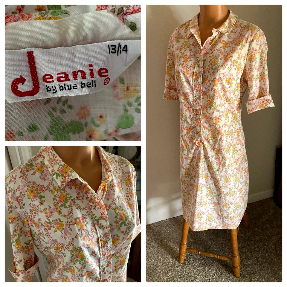 ВИНТАЖНЫЙ 60-Х JEANIE НА СИНИЙ BELL ЦВЕТОЧНЫЙ ХЛОПОК СМЕСЬ SHIFT РУБАШКА ПЛАТЬЕ SZ ~ 13/14 ~ L - Изображение 2 из 4