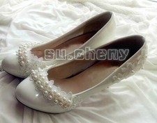 su.cheny White lace satin strap pearl flats low high heels Wedding Bridal shoes