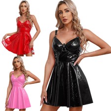 Womens Wet Look PVC Leather A-Line Pleated Short Mini Dress Cocktail Clubwear