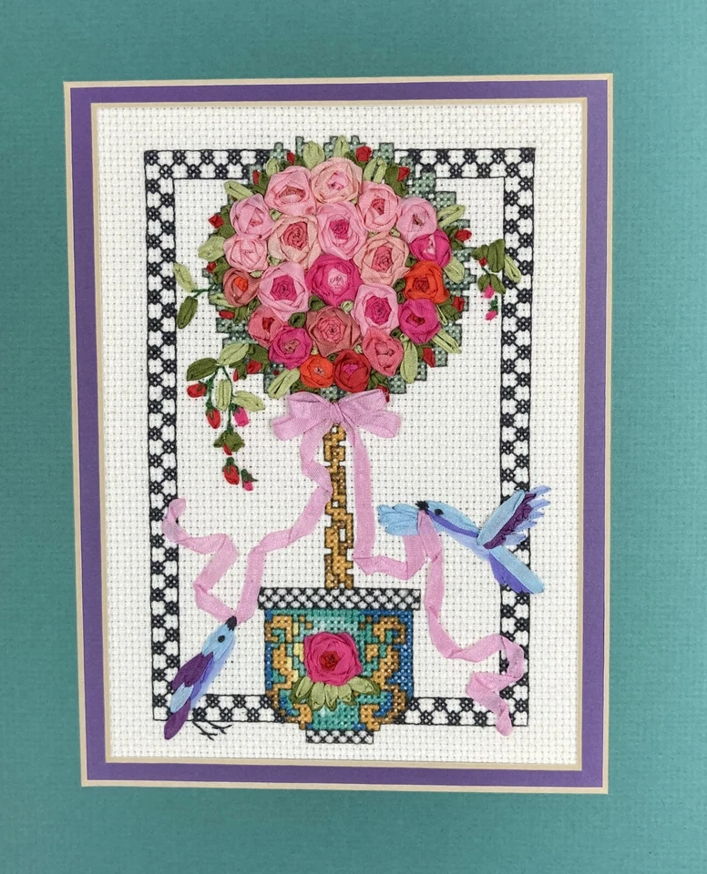 Cinta de seda acabada vintage "Topiario floral" cuadro mate y enmarcado 12"x10" Foto 3 de 4